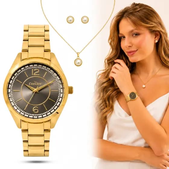 Kit Relógio Condor Feminino Dourado + Colar e Brinco COPC21JFB/K4C
