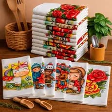 Kit de 20 Panos de Prato Estampados Absorvente Versátil Dia a Dia Algodão com Bainha 40x68cm