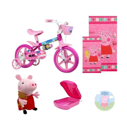Bicicleta Aro 12 Infantil Peppa Pig com Cestinha  - 5 itens
