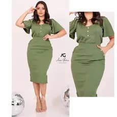 Conjunto Saia Mídi E Blusa Botão Manga Malha Crepe Moda Feminina Evangélica Festa Congresso PlusSize