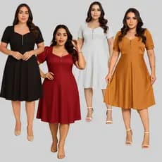 Vestido Feminino Mídi Social Rodado Zíper Manga Moda Evangélica Tendencia Modesta Casual Plussize