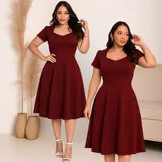 Vestido Feminino Mídi Social Rodado Manga Princesa Decote Coração Moda Evangélica Casual PluzSize