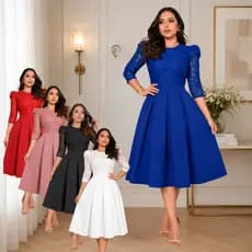 VESTIDO FEMININO SOCIAL MIDI RODADO PREGA RENDA MANGA 3/4 MODA EVANGELICA ELEGANTE CASUAL LUXO PLUS