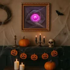 Decoração Halloween Quadro Olho Macabro Efeito 3D Luz Led Colorida Teia Aranha Dia das Bruxas Luxo