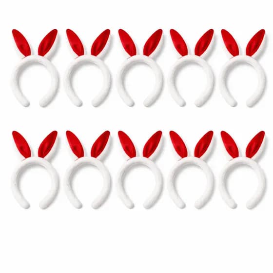 Kit 10 Tiaras de Coelho Páscoa Orelhas Felpudas Branco com Vermelho Fantasia Festa