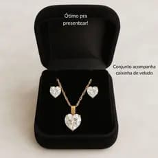 Kit Conjunto Brinco, Pingente e Colar Coração Zircônia Banhado A Ouro 18k C/ Garantia Lindo Presente!