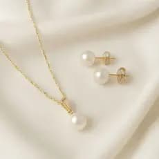 Conjunto Colar e Brinco de Pérola 7mm Banhado a Ouro 18k com Garantia Perfeito Para Presente