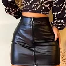 Saia Couro Cirre Ecologico Saia Feminina Couro Fake Ziper na frente