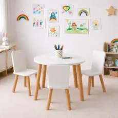 Mesa Montessori Infantil Branca MDF Com 3 Cadeiras Pés de Pinus Educativa Criança Quarto Infantil