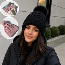 Touca Feminina com Forro de Pelúcia e Pompom para Inverno