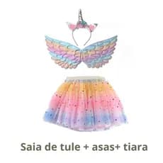 Fantasia Infantil Menina Unicórnio 3 Peças Saia Tule+ Asas+ Tiara Festa Aniversário 3 a 5 Anos
