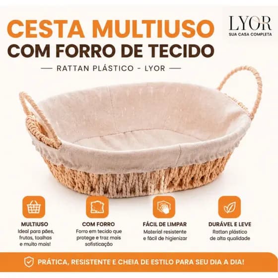 Cesta Pão, multiuso Ratan Forro em Tecido  - Diversos Tamanhos - Wolff