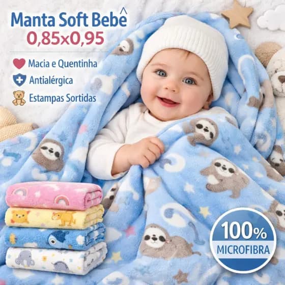 Cobertor Manta Baby Soft 0,85x0,95cm Confortável Macia Estampas Sortidas Antialérgico Quentinho