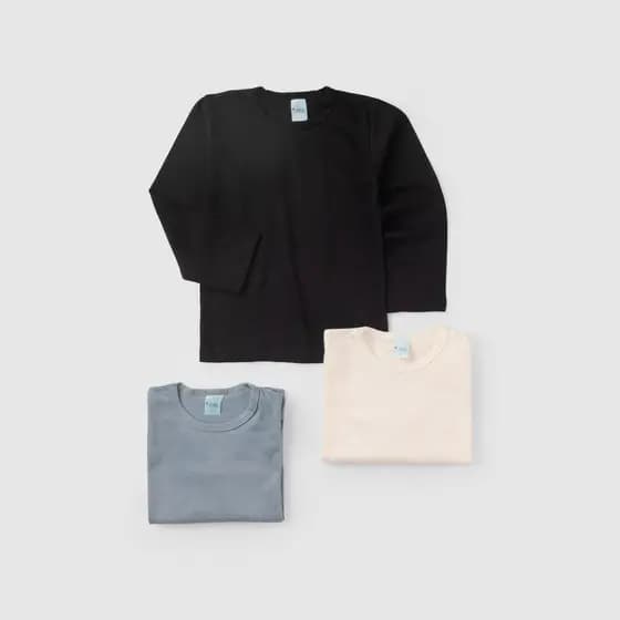 Kit 3 Camisetas Manga Longa Básicas Algodão Infantil Unissex Menino e Menina L26