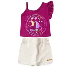 Conjunto Verão Menina Baby Look com Alça E Manga Franzida E Short Saia Feminino L54
