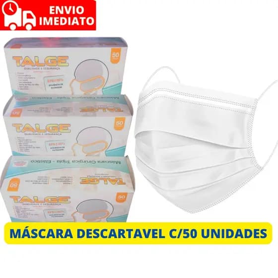 Máscara Descartável Talge Branca TNT Tripla Camada Com Elástico Caixa 50 Unidades Uso Profissional
