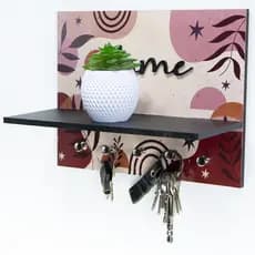 Porta Chaves Parede MDF com Prateleira Home Boho Decorativo 4 Ganchos Organização Casa Entrada