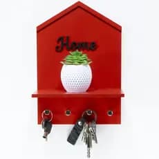 Porta Chaves de Parede Casinha Vermelha MDF com Prateleira 4 Ganchos Organizador Decorativo para Hall de Entrada