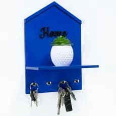 Porta-chaves de parede casinha home azul com prateleira em MDF, perfeito para organização e decoração do lar