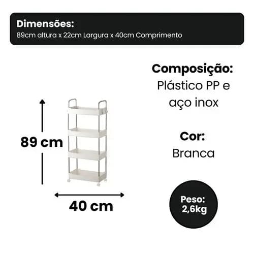 Prateleira Organizador Multiuso 4 Andares Com Rodinhas Branca Facil Transporte