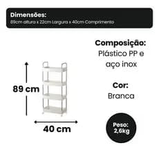Prateleira Organizador Multiuso 4 Andares Com Rodinhas Branca Facil Transporte
