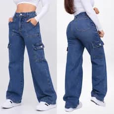 KIT 2 Calça Jeans Wide Leg Cargo Feminina Pantalona Premium Tendencia Cintura Alta Bolsos Laterais