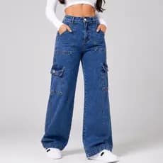 Calça Jeans Cargo Feminina Wide Leg Cintura Alta Pantalona Bolsos Laterais