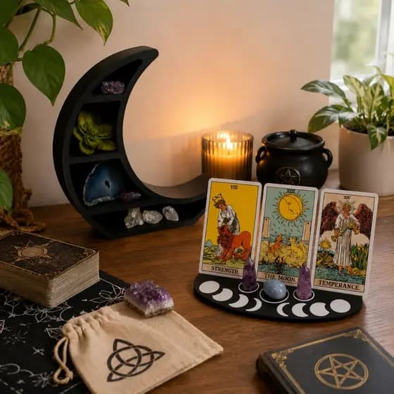 Kit Altar Místico – Estante Lua Crescente + Porta Cartas de Tarô | Baralho Cigano