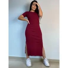 Vestido Midi Canelado Manguinha Com Fendas Super Promoção