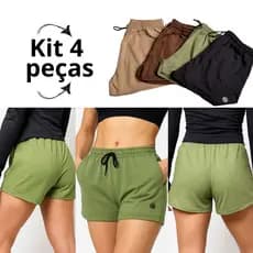 Kit 4 Shorts Feminino Cintura Alta Moletom Conforto com Bolsos Moda Casual e Fitness Preto Marrom Caqui e Verde