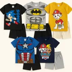 🧒✨ Kit 5 Conjuntos Infantil Masculino – Camiseta de Personagem + Shorts Básico Confortável (Tam. 1 ao 8)