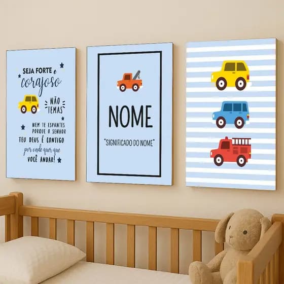 Quadros Decorativos Carrinho, Quadro De Carro Infantil, Kit 3 Peças Decoração Quarto Menino