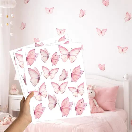 Adesivo de Parede Borboletas Rosa Decoração de Quarto Infantil Menina Jardim Encantado