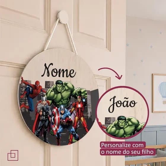 Enfeite Porta Maternidade Vingadores Heróis + Pendurador Incluso, Decoração Quarto Infantil Menino