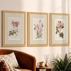 Kit 3 Quadros Decorativos Listrados Decoração Quarto Sala Flores Retrô Vintage Romatico