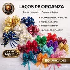 Kit 50 Laços Fáceis Organza Com Filete Dourado 30mm X 47cm Premium