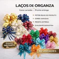 Laço Fácil de Organza com Filete Dourado 30mm x 47cm Pacote C/10 Unidades Extra Premium