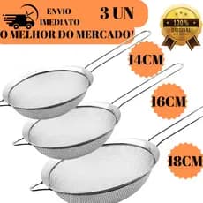 kit 03 Peneira Coador 100% Inox Tamanha 14' 16' 18'  Ideal Para Cozinha Restaurantes Bar