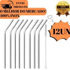 Combo 12 Canudos Inox e Duas Escovas de LImpar Curvos com Escova Ecológico Reutilizáveis Laváveis