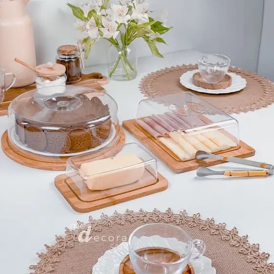 Kit Boleira + Manteigueira + Porta Frios Bambu Café da Manhã