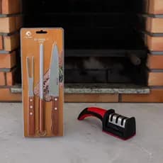 Kit Churrasco 3 Peças Amolador Facas Utensílios Cabo Madeira Aço Inox Alta Durabilidade