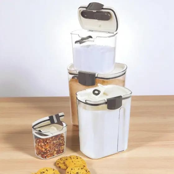 Kit 4 Potes Herméticos de Plástico com Tampa Vedação Dispenser Açucareiro Porta Grãos