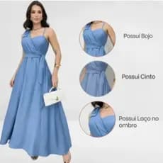 Vestido Longo em Tecido Duna linho com Laço no Ombro Regulador do Outro Lado com cinto Liquidação2026**
