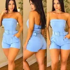 Macaquinho Tomara que Caia Feminino com Bojo Cinto e Bolsos Laterais Moda Casual Megaliquidaçao**