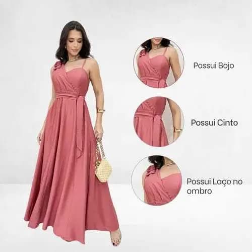Vestido Longo em Tecido Duna linho com Laço no Ombro Regulador do Outro Lado com cinto Liquidação2026**