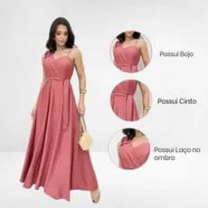 Vestido Longo em Tecido Duna linho com Laço no Ombro Regulador do Outro Lado com cinto Liquidação2026**