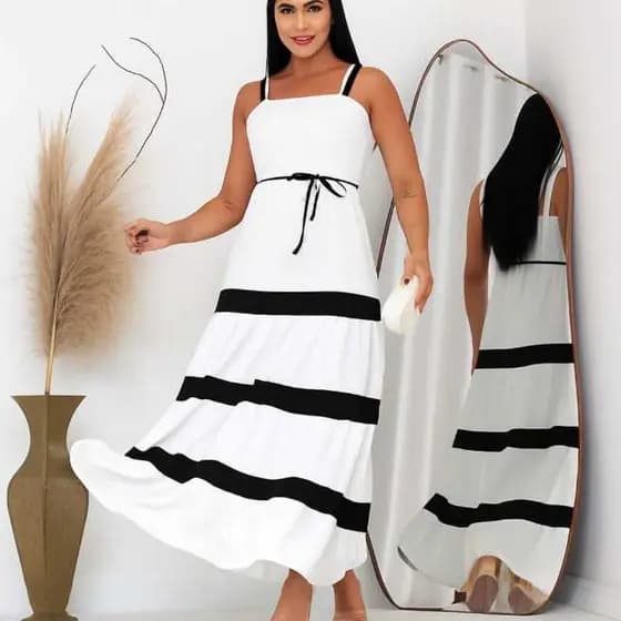 Vestido Longo Feminino Alças Finas com Bojo e Faixas e Amarração Cintura – Moda Elegante Verão Megaliquidaçao**