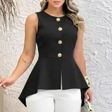 Colete Feminino Alfaiataria Peplum com Botões Dourados – Elegante e Moderno Liquidação2026**