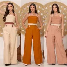 Conjunto Feminino Pantalona Cintura Alta  Alfaiataria Cropped Look Elegante Moderno Festa Trabalho Megaliquidação**