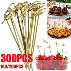 100/200/300 Peças Espetos Descartáveis De Bambu Com Nó , Pontas Torcidas , Coquetel , Comida , Palitos De Frutas , Garfo